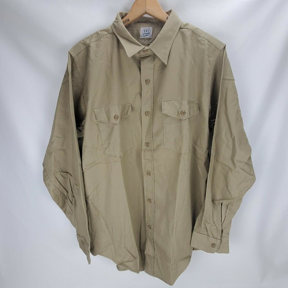 Vintage Key Imperial Sanforized LS Khaki Beige Tan Work Shirt Men's 17 (Medium)